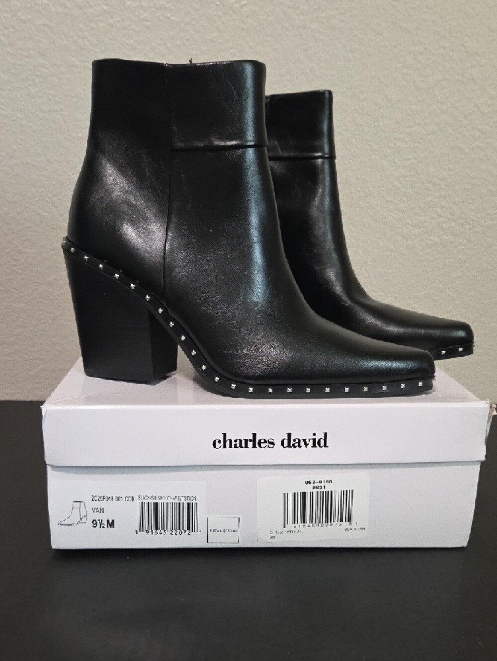 Charles David Women's Black Studded Ankle Block Heels Booties